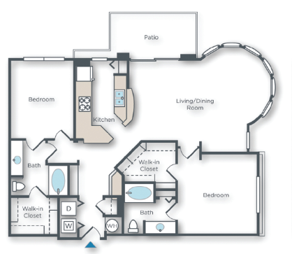 Floor plan for 2 beds, 2 baths, 1260 sqft